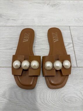 Zara Tan Slide Mules with Pearl Embellishments